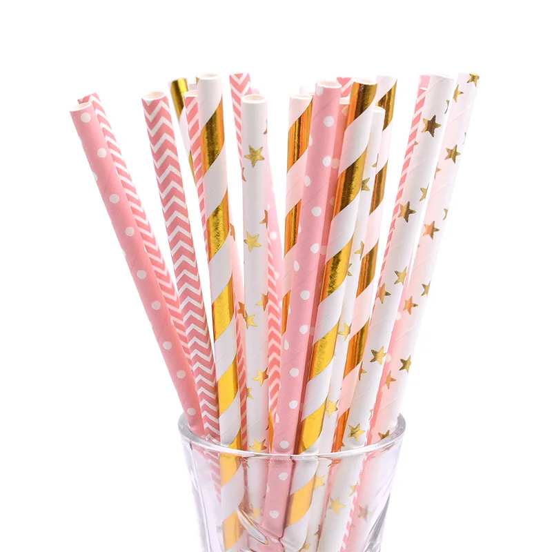 25/50pc Multicolor Rose Gold Silver Pink Blue Foil Star Heart Striped Paper Drinking Straws For Wedding Birthday Christmas Decor