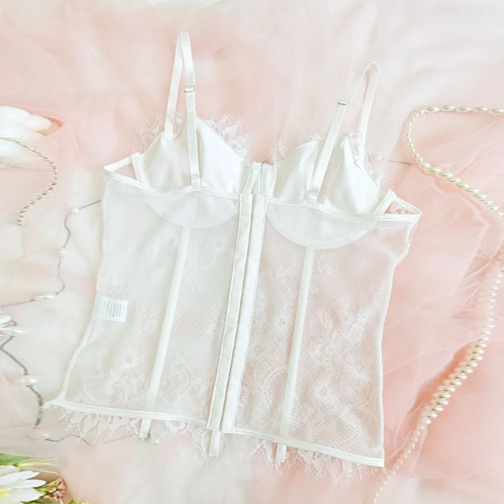 أزياء عظم السمك ملفوفة الدانتيل بروتيل الظهر الصدر مشبك جوفاء المحاصيل قمم شفافة سليم صالح الدانتيل مشد الربيع الصيف