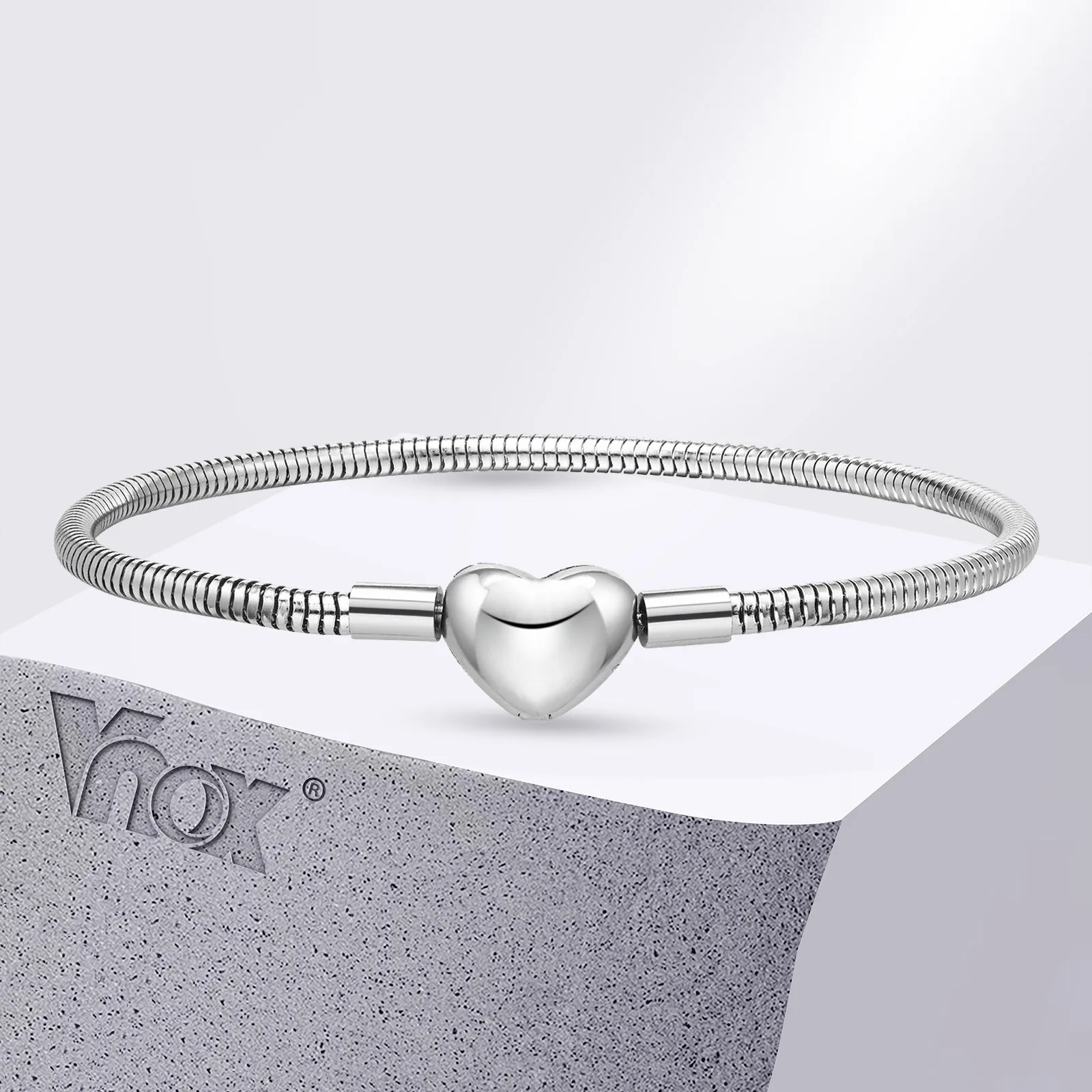 

Vnox Personality Heart Clasp Bracelets for Men Boys, 3mm Silver Color Stainless Steel Round Snake Chain Bracelets, Love Gift