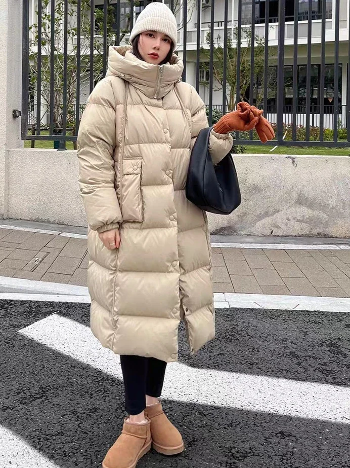 

2025 Winter New Women's Down Jacket Commuting Windproof Hooded Long European White Duck Down Coat