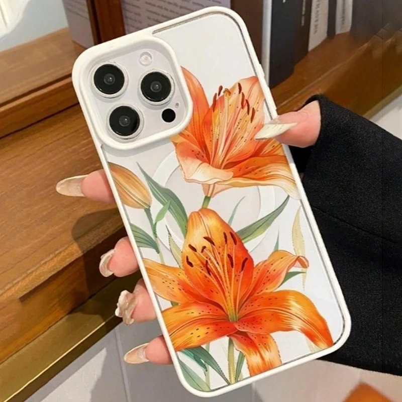 Orange Lily-Patterned Magnetic Case For iPhone 17 11 16 15 14 13 12 Pro Max Plus Air 17E 16E For Magsafe Wireless Charging Cover - view 4