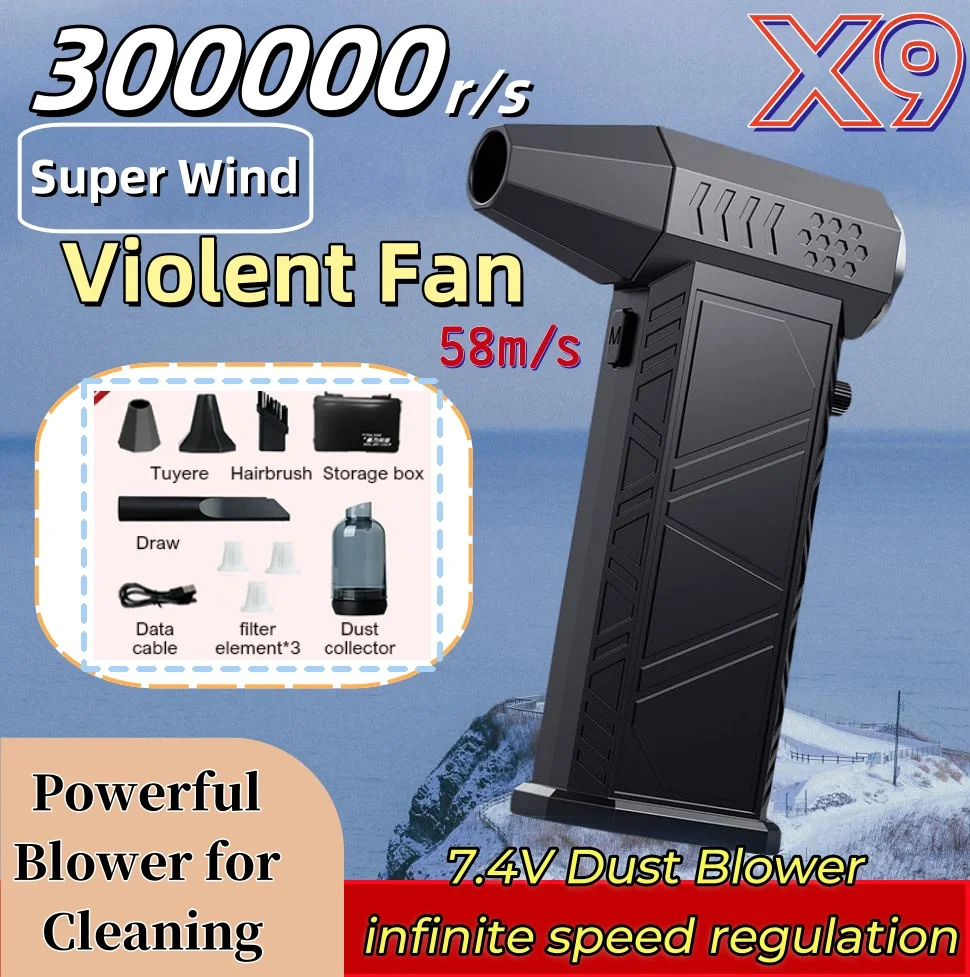 

Violent Fan 300000RPM Powerful Air Blower Vacuum Dust Cleaner Type-C Charging Strong Winds 58m/s Brushless Turbo Jet Blower Dry