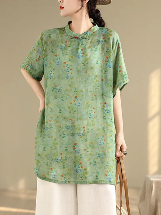 

Миди с цветочным принтом на пуговицах, тонкий ort Sve, воротник-стойка, большой размер, женский повседневный топ из смеси хлопка и льна