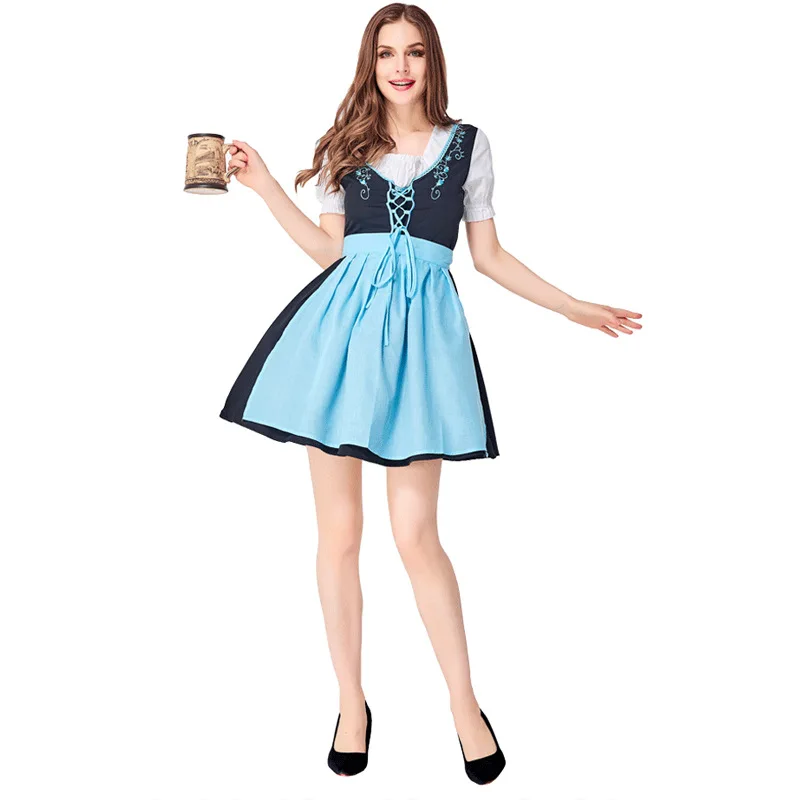 Oktoberfest Maid Dirndl Dress Women Apron Short Sleeve Dress  Bavarian Beer Girl Costume Stage Performance Halloween Costume