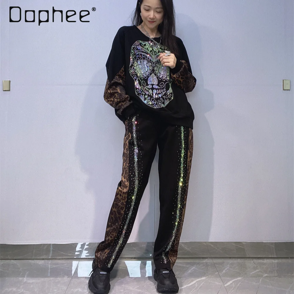 

Women's Loose Outdoor Casual Sports Set Autumn Winter Leopard Print Patchwork Rhinestone Long Sleeve Sweatshirt Two-Piece Set