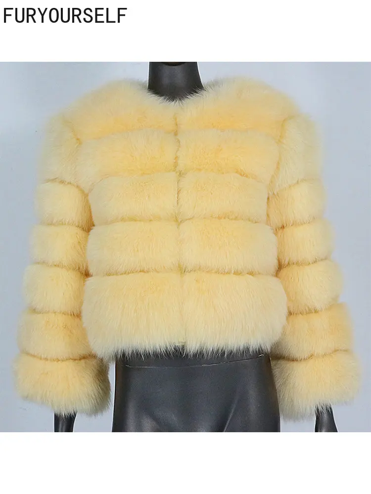 FURYOURSELF 2023 Real Fox Fur Casaco Mulheres Casaco De Inverno Natural Pele De Raposa Outerwear O-pescoço Três Quartos de Manga Quente Luxo Novo