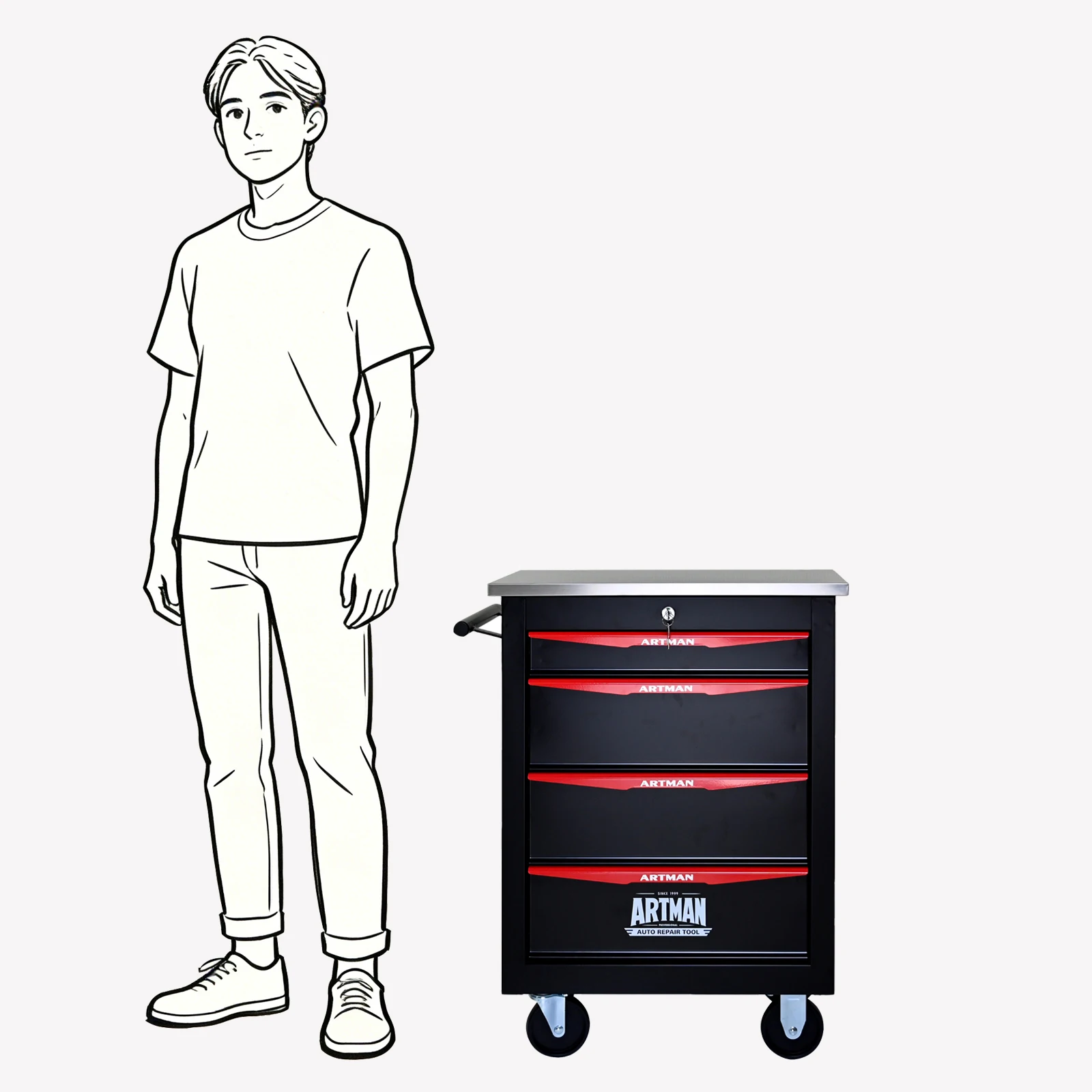 عربة أدوات بعجلات بأربعة أدراج، وخزانة أدوات، وخزانة تخزين أدوات مع قفل ومفتاح، مناسبة لورش العمل والكراجات، باللون الأزرق