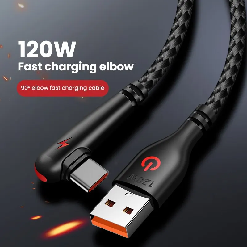120W 90 Degree Elbow USB to Type-C Cable Fast Charging Cord Phone Charging Data Cable For Huawei Xiaomi Samsung Phone Charger
