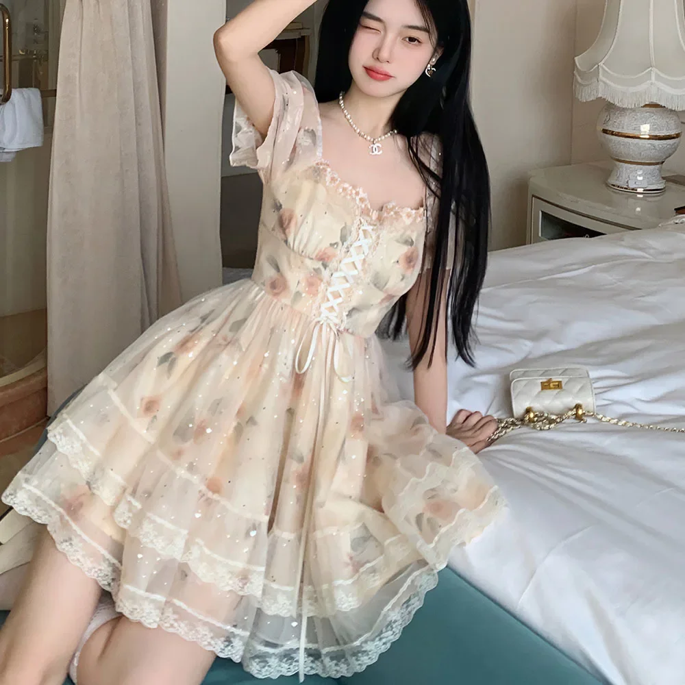 

Summer Lace-up Fluffy Cute Princess Dresses Female Sequin Lace Kawaii Mini Dress Girls Sweet Printed Bubble Sleeve Dress Women's