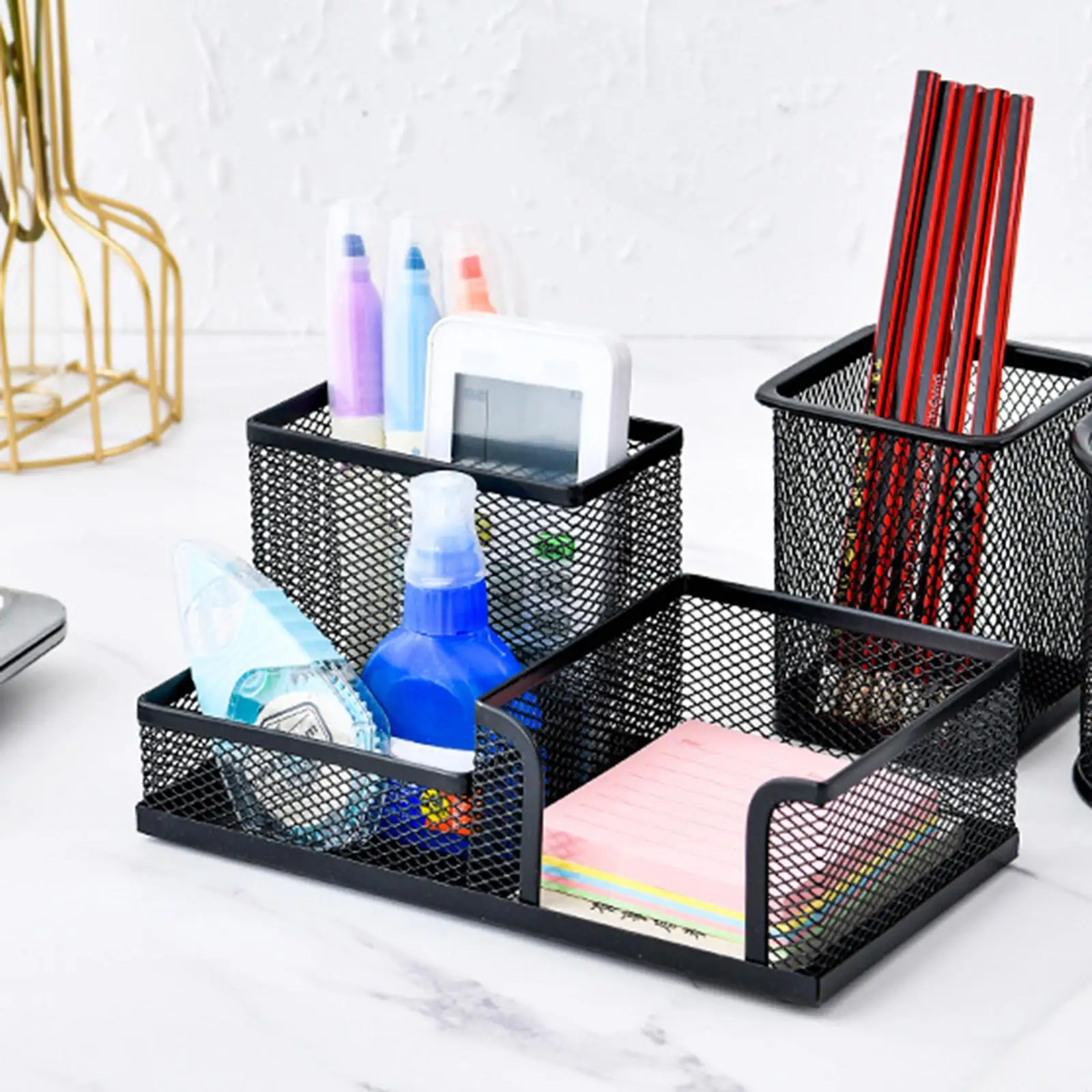 Large Pen Holder Desk Organizer 3 Compartments Office Supplies Pen Barrel Pen Cup Storage Box Mesh Pencil Holder for Desktop