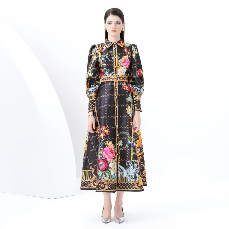 

2025 Palace Style Elegant Retro Collar Single breasted Printed Wide Swing Long Dress For Women Clothing Vintage Dress