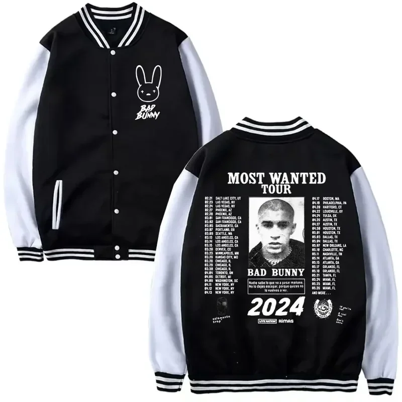 Chaqueta de béisbol de manga larga para hombre y mujer, uniforme de béisbol de rapero Bad Bunny, Nobody Knows What's Going To Go Tomorrow, Hip Hop, Un