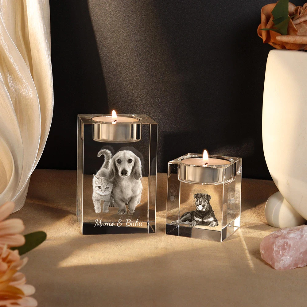 Custom Crystal Candle Holder Personalized Printed Picture Text Pet Portrait Memorial Candlestick Birthday Gifts for Pet