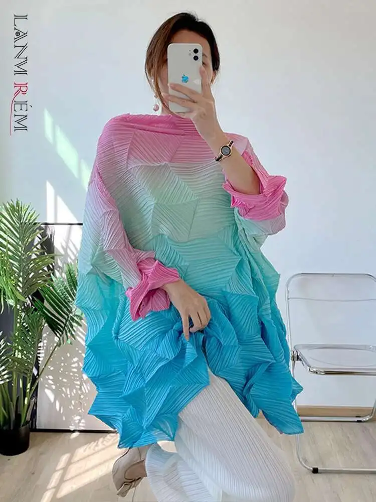 LANMREM camisas plisadas degradadas para mujer 2025 Primavera y novedad de verano jersey con pliegues de bloques de Color camisa larga holgada Irregular 2R1275
