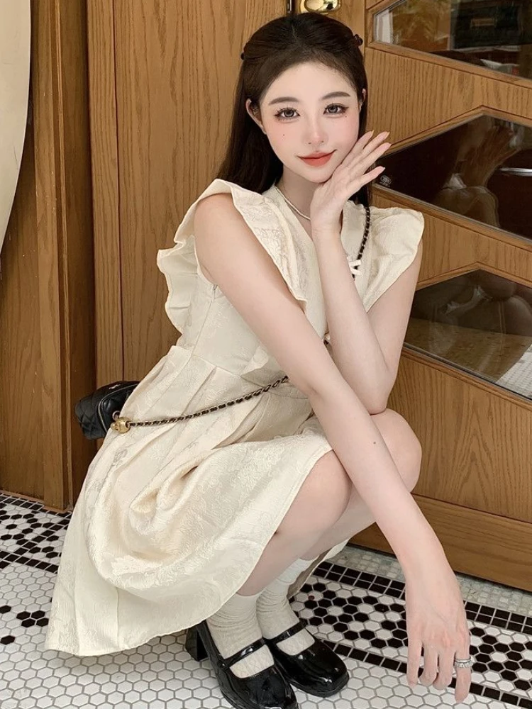 Sleeveless Dresses Women Loose Sweet Leisure Retro Elegant Mini Vestidos Tender Chinese Style Folds Simple Chic Summer Ladies