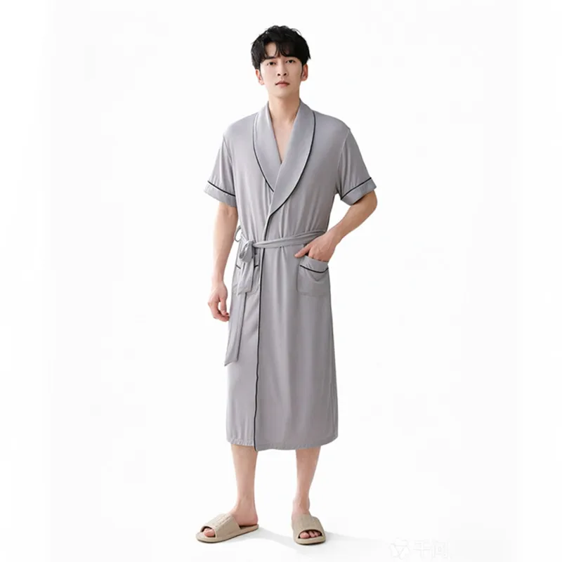 Men's Bathrobe Summer Modal Short-Sleeve Shower Robe Big Size Pajamas Sleep Dress Cool Mens Nightgown Loungewear Sleeping Gowns