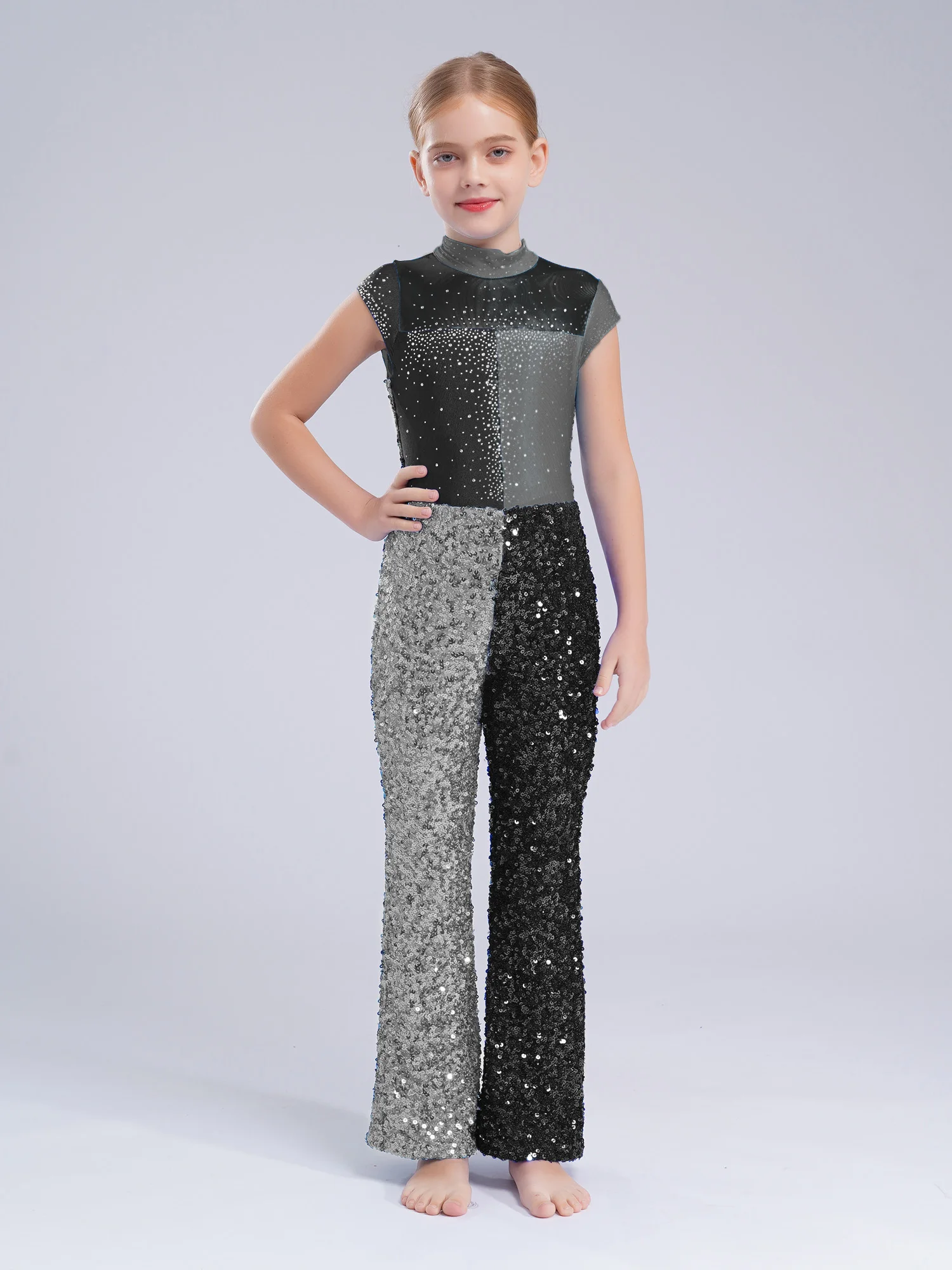 Kids Sequins Jumpsuit for Girls Color Block Street Bodysuit Children Jazz Dance Costume Sleeveless Bodysuit Glittery Dancewear