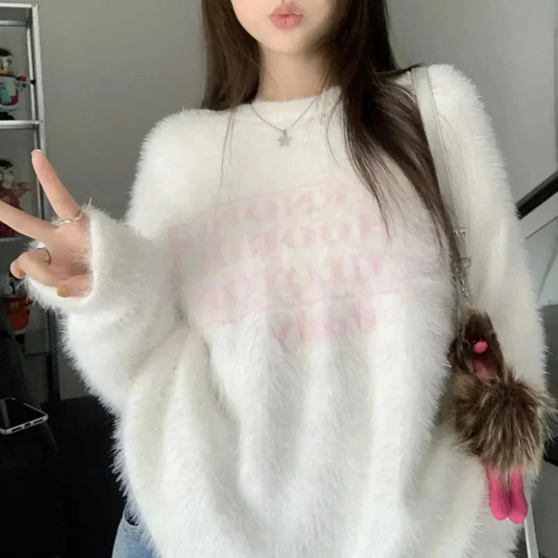 Korean Soft Woolen Sweaters For Women Letter Print Long Sleeve Knitting Pullover Solid Loose Sweaters Casual Plush Top