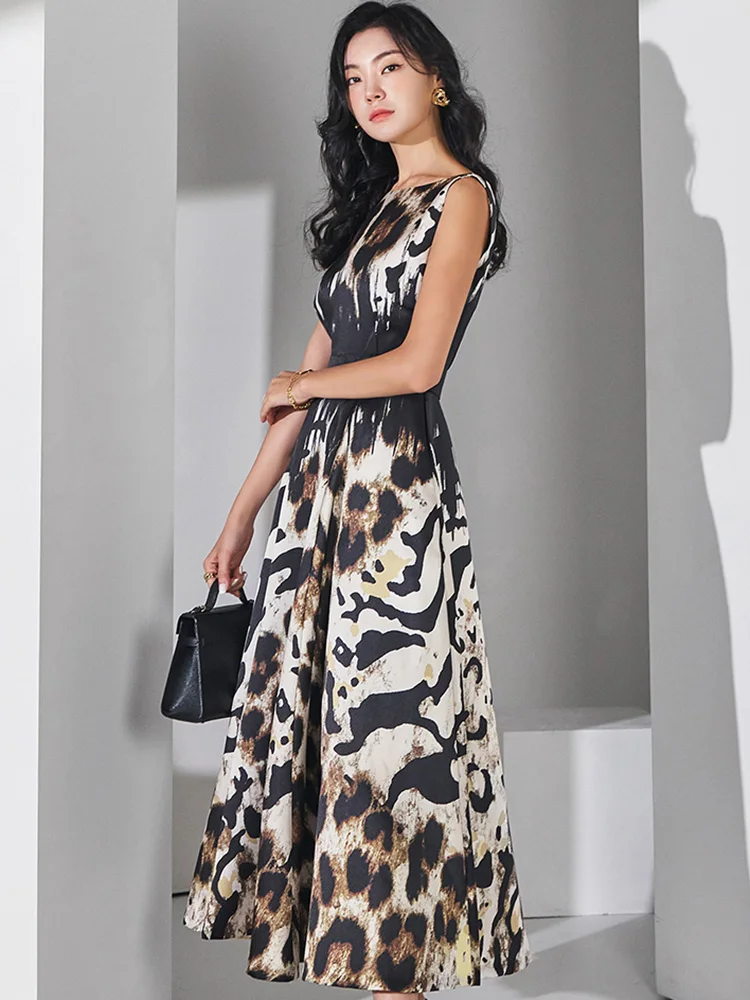 Vestido de fiesta elegante de verano con estampado de leopardo y cuello redondo, línea de cintura alta, espalda hueca, dobladillo inferior grande, vestido Retro para mujer