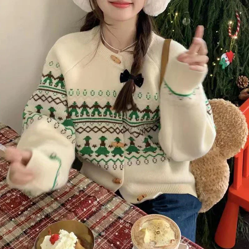 Jacquard Weihnachten Gestrickte Pullover Casual Chic Lose Outer Herbst Winter Frauen Mode Einreiher Strickjacke Nette Süße