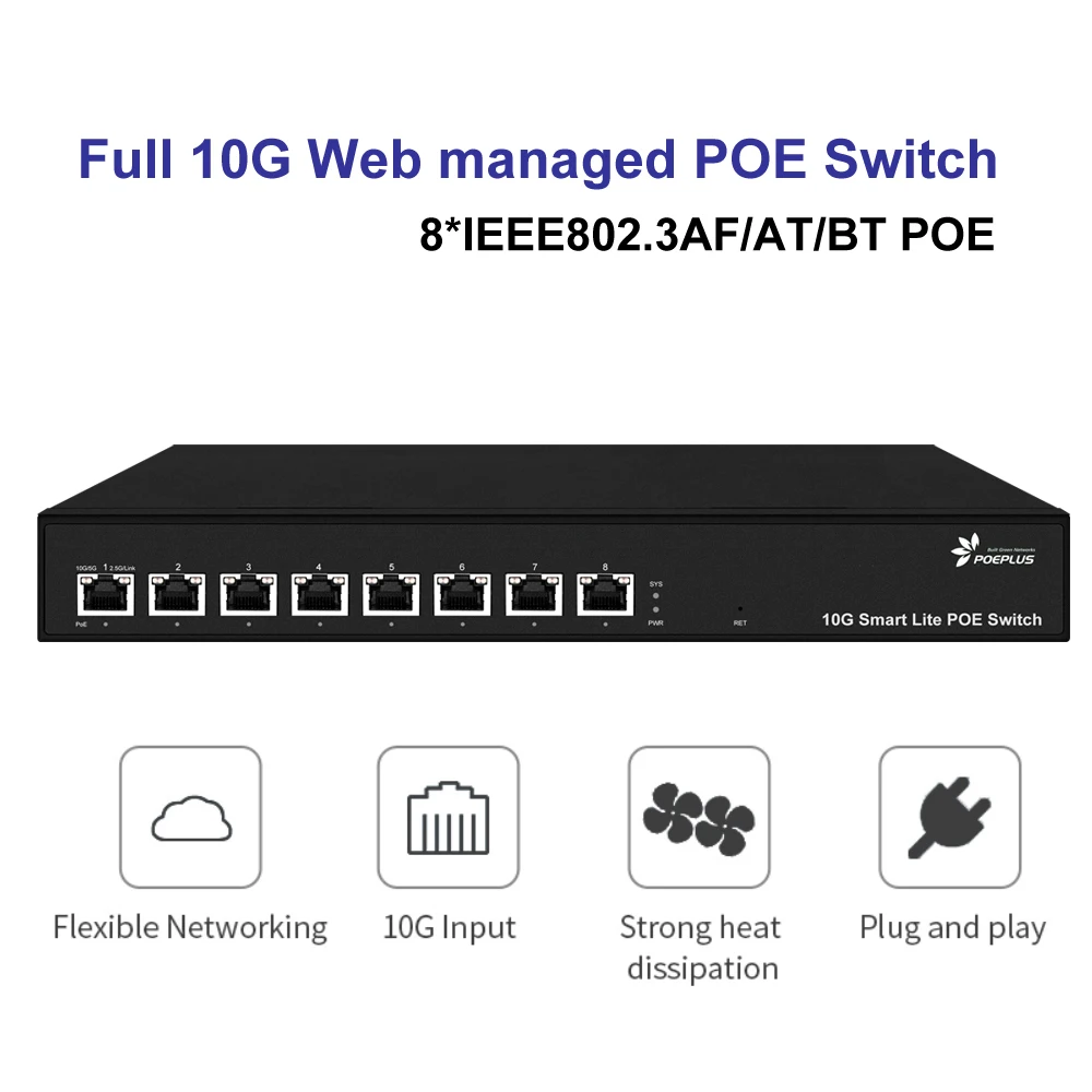 8-Port-Web-Managed-Switch |   Vollständiger 10Gbe POE-Switch | 100/1000/10000M adaptiv