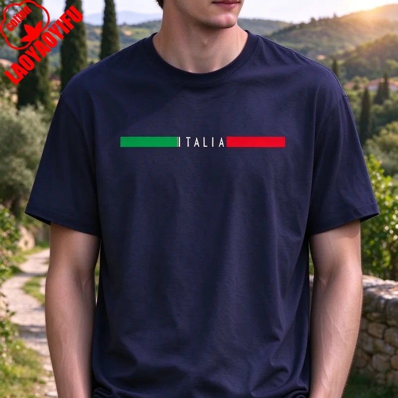 ITALIA Horizontal Stripes Men Tee 100% Cotton Casual Streetwear Top Short Sleeve Italian Inspired Sport Graphic Shirt