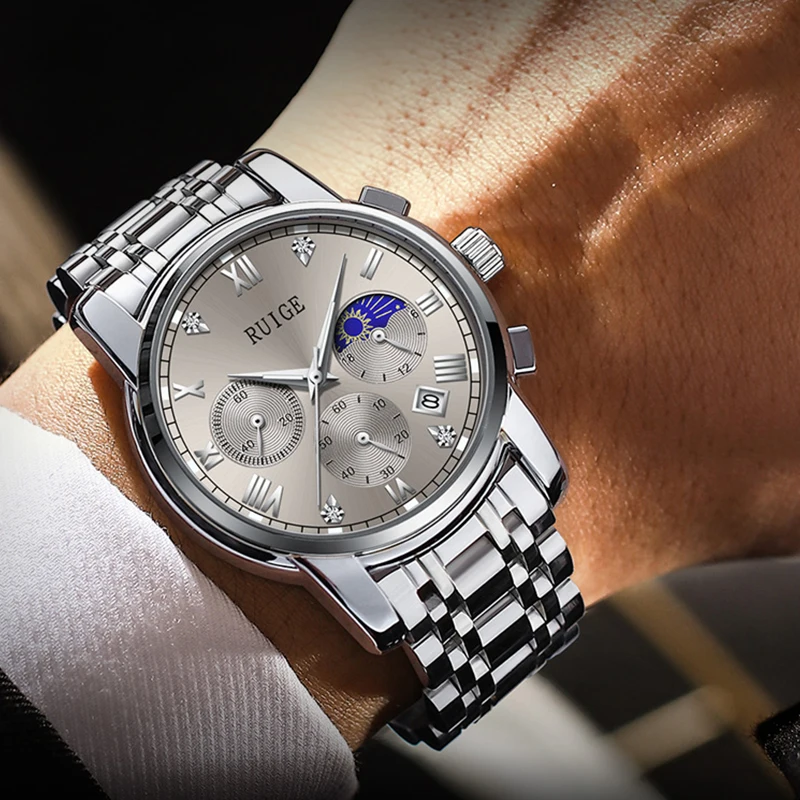 루이게 야광 삼안 육침 스테인리스 스틸 시계줄 쿼츠 시계 패션 트렌드 레저 선물 남성용 손목시계