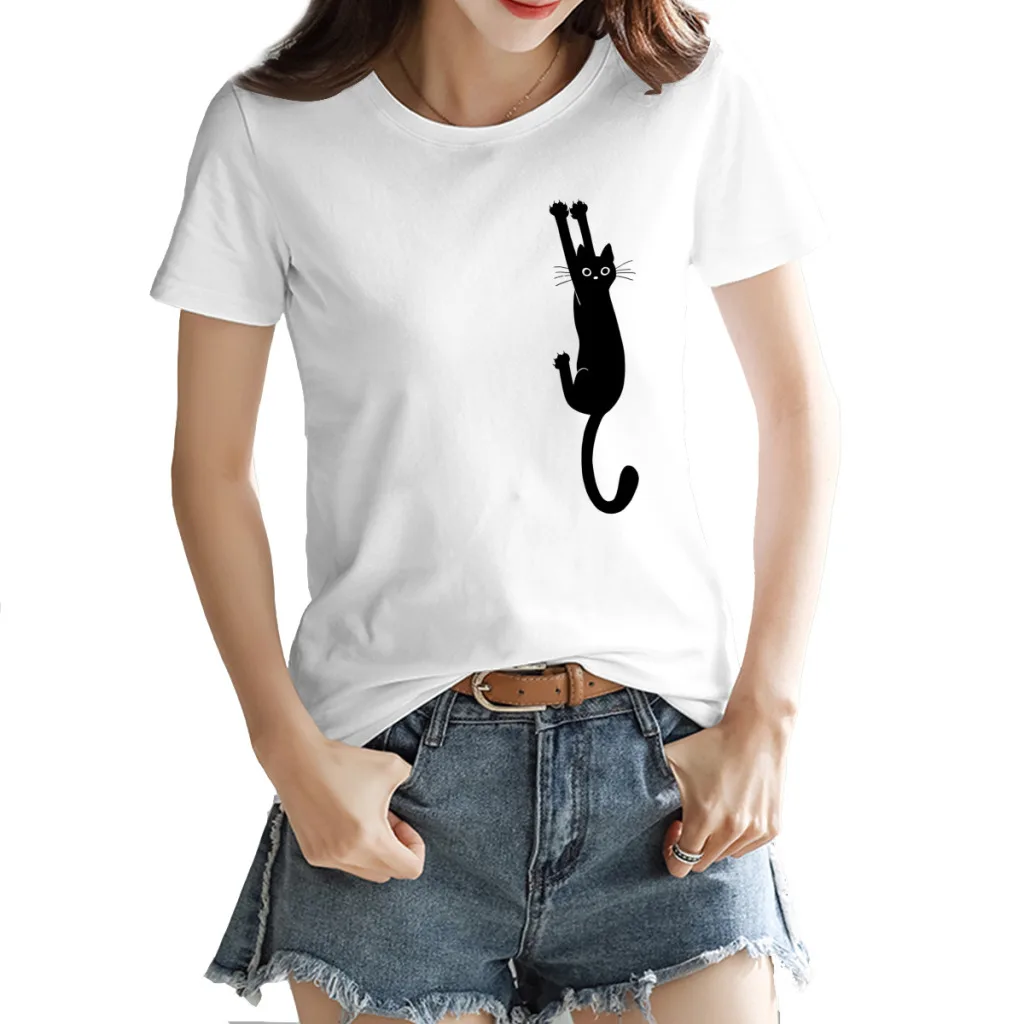 Camiseta de manga corta estampada con gato negro para mujer, estilo Harajuku, nuevo top de verano