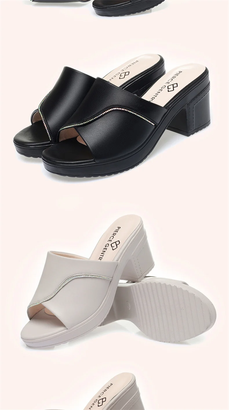 Women Summer New High-heeled Waterproof Platform Sandals Thick-heeled Bright Soft Leather Solid Fish Mouth Casual Slippers