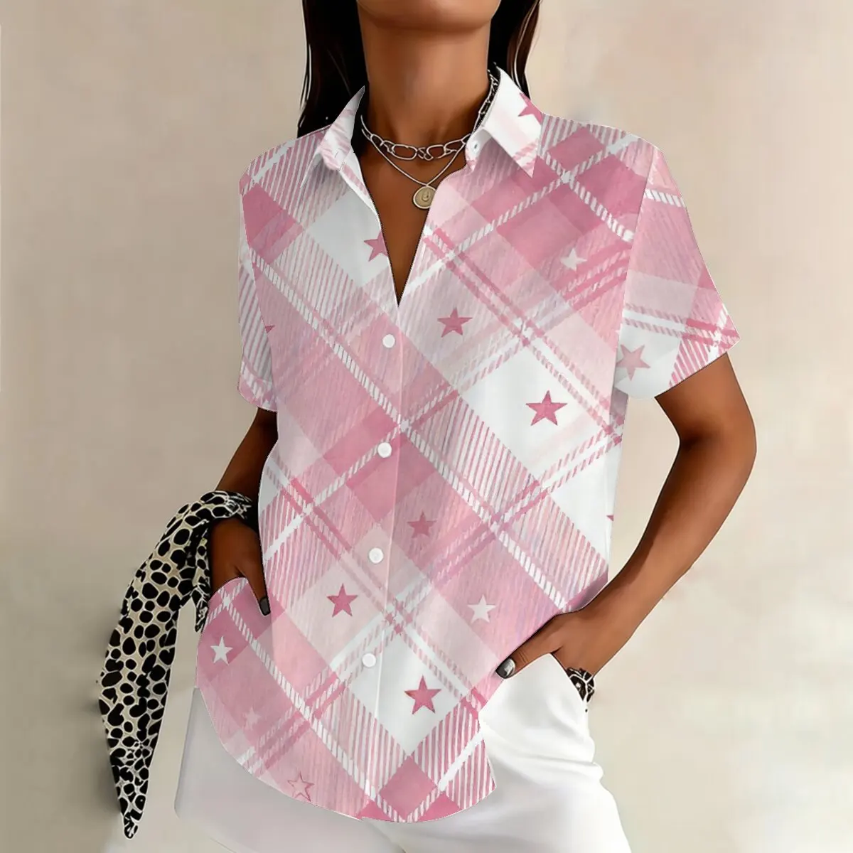 

Summer new striped star print lapel shirt for women, simple, fashionable, versatile, casual and gentle style top