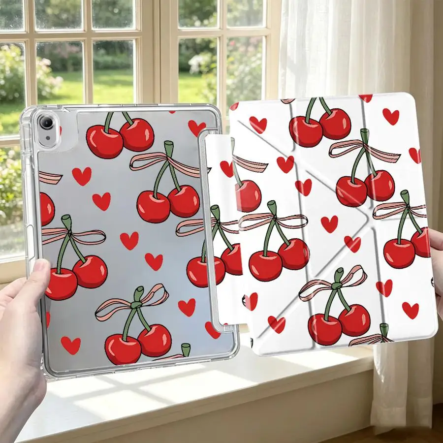 Cherry Heart-Shaped Pattern With Pen Slot Cover Tablet Case For iPad 10th Gen 12th 11th Air 8 M2 M3 3 9th Mini 7 6 5 Pro 13 2025