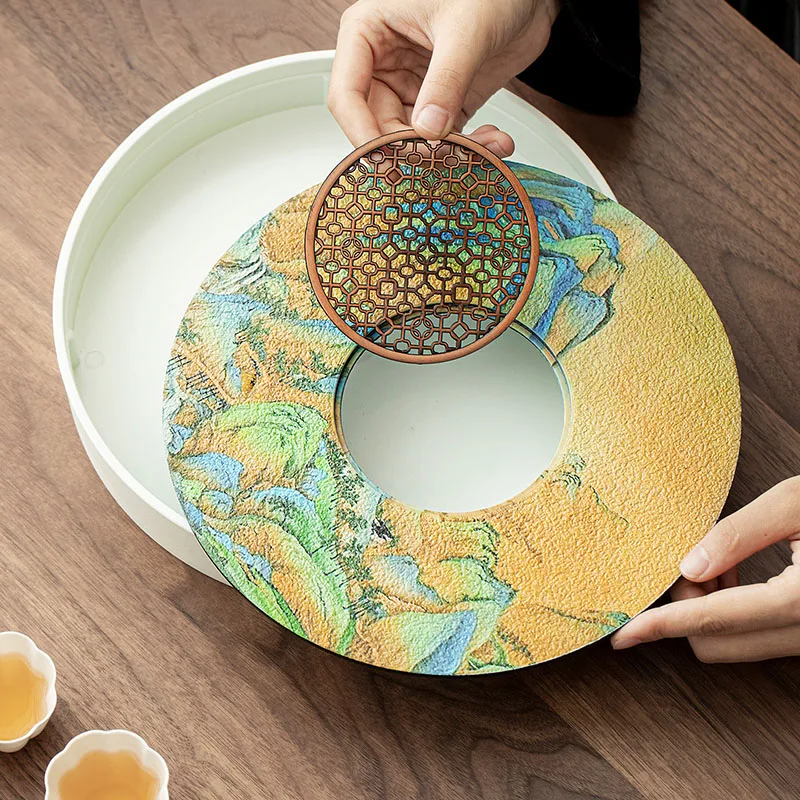 Table Round Tea Tray Accessories Ceremony Hospitality Drainage Marble Tea Tray Decorative Ceramic Bandejas Home Decorationgs