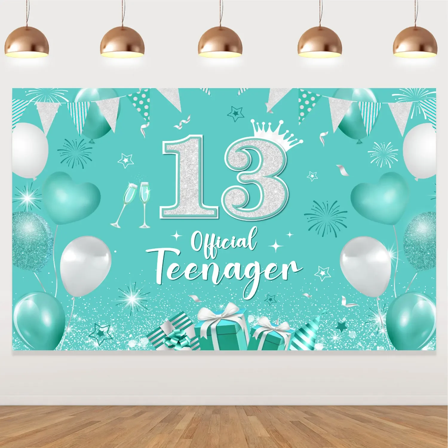 Birthday Party Decorations for Girls, Official Backdrop Banner, Photo Props, Background Supplies, Teal 13th Birthday, 13