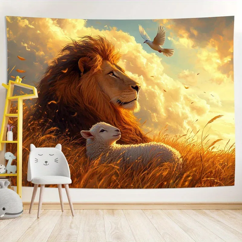 Tapisserie VIKAMA Lion et Agneau, Série Guérison, Symbole de Paix, Style Naturel Chaleureux, Décoration de Salon