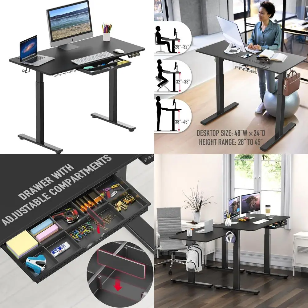 

48-Inch Black Electric Adjustable Desk with Drawer, Memory Settings, and Cable Management