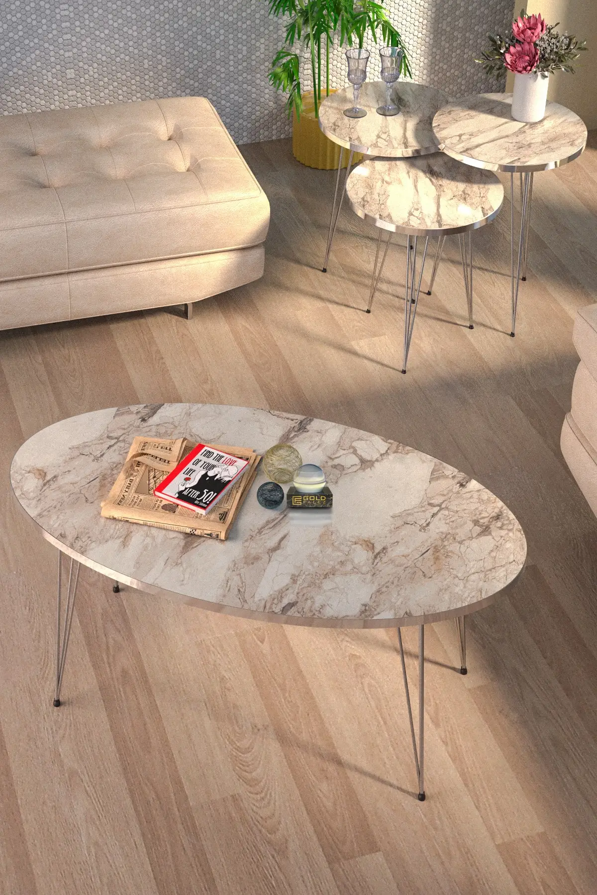 DOLBOVI Zigon Coffee Table And Coffee Table in the Middle Ellipse Set Silver Ephesus Tel Coffee Table