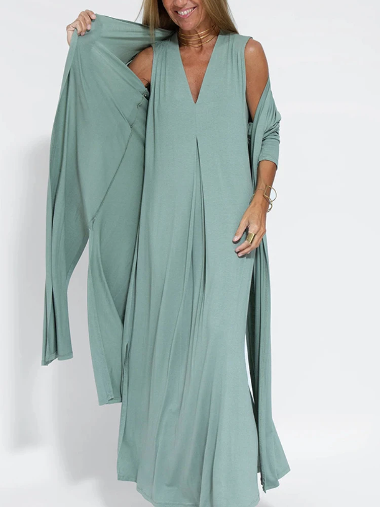 2025 New Solid Color Pullover V-Neck Beach Resort Elegant Long Dress Loose Sleeve Cardigan Casual Two Piece Se t