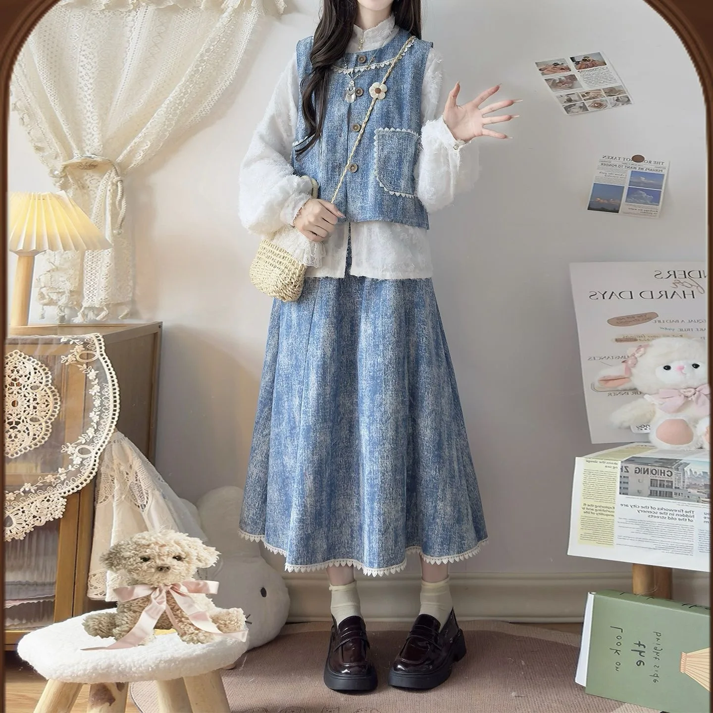 Women 3 Piece Sets Skirt Set Stand Neck Lantern Sleeve Top Denim Skirts Lace Splice Vests Y2k Streetwear Elegant Work Sweet 2026