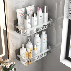 Bathroom Shelf No Drilling Sticker Wall Mounted Rack Hanger Space Aluminum Makeup Organizer Storage Square Basket Bath Shelves