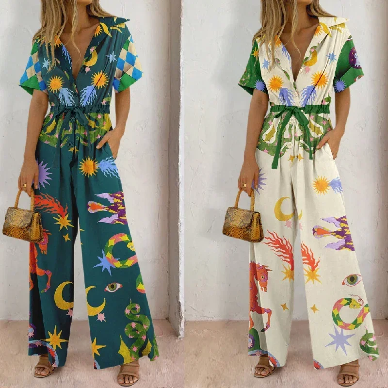 

Street Style Women's Printed Pants Jumpsuit High Waist Casual Wide Leg Pants Elastic Waist Creative Printing Women's Jumpsuit