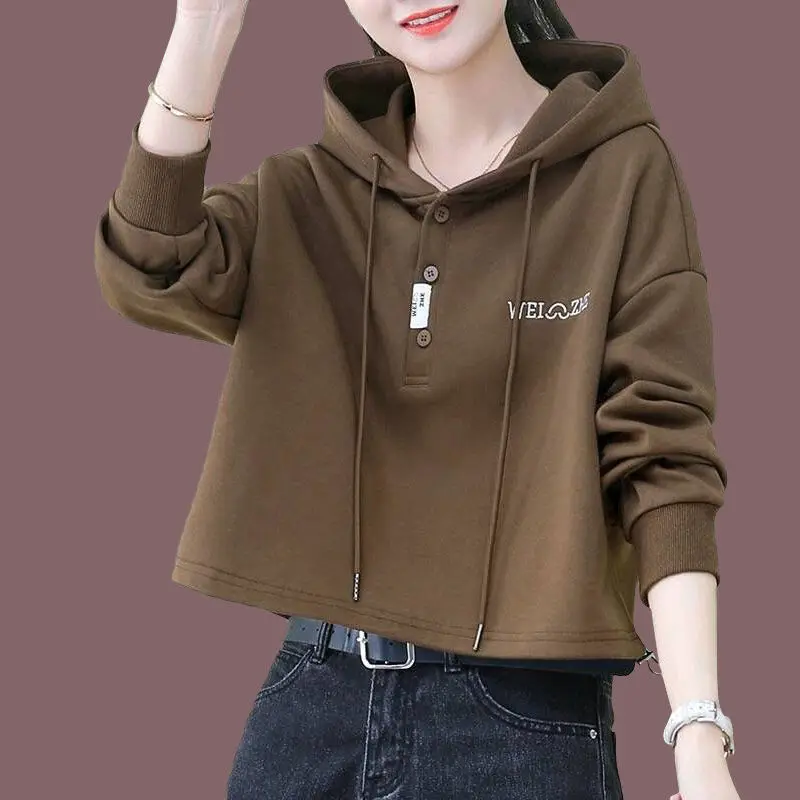 

Fashion Button Letter Embroidery Hoodies Sweatshirts Women Long Sleeve Short Sweatshirt Autumn Winter Casual Pullover Top Female