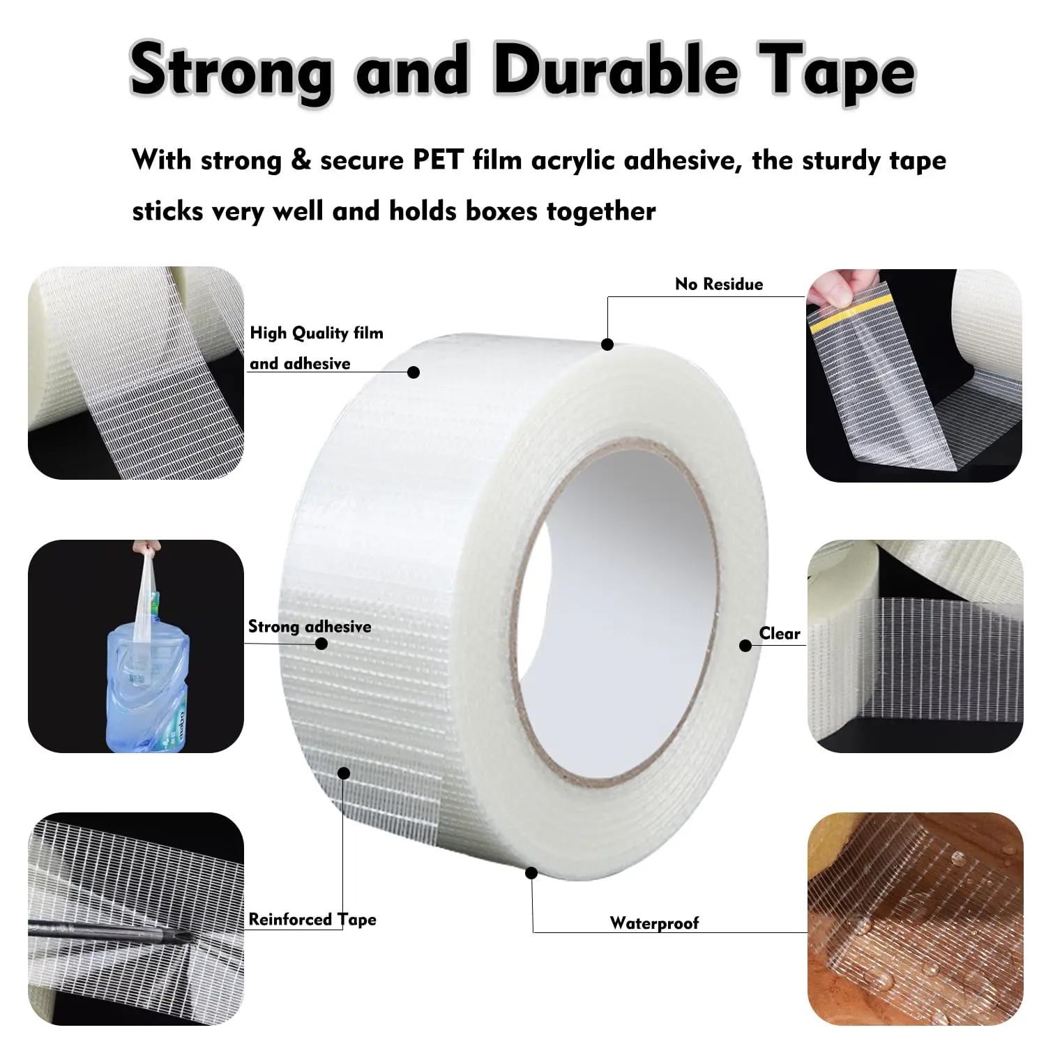 Fiberglass Filament Strapping Tape Heavy Duty Transparent Reinforced Packing Tape 2 in 6 Mils 30 Yards Nylon Fiber Glass Tape