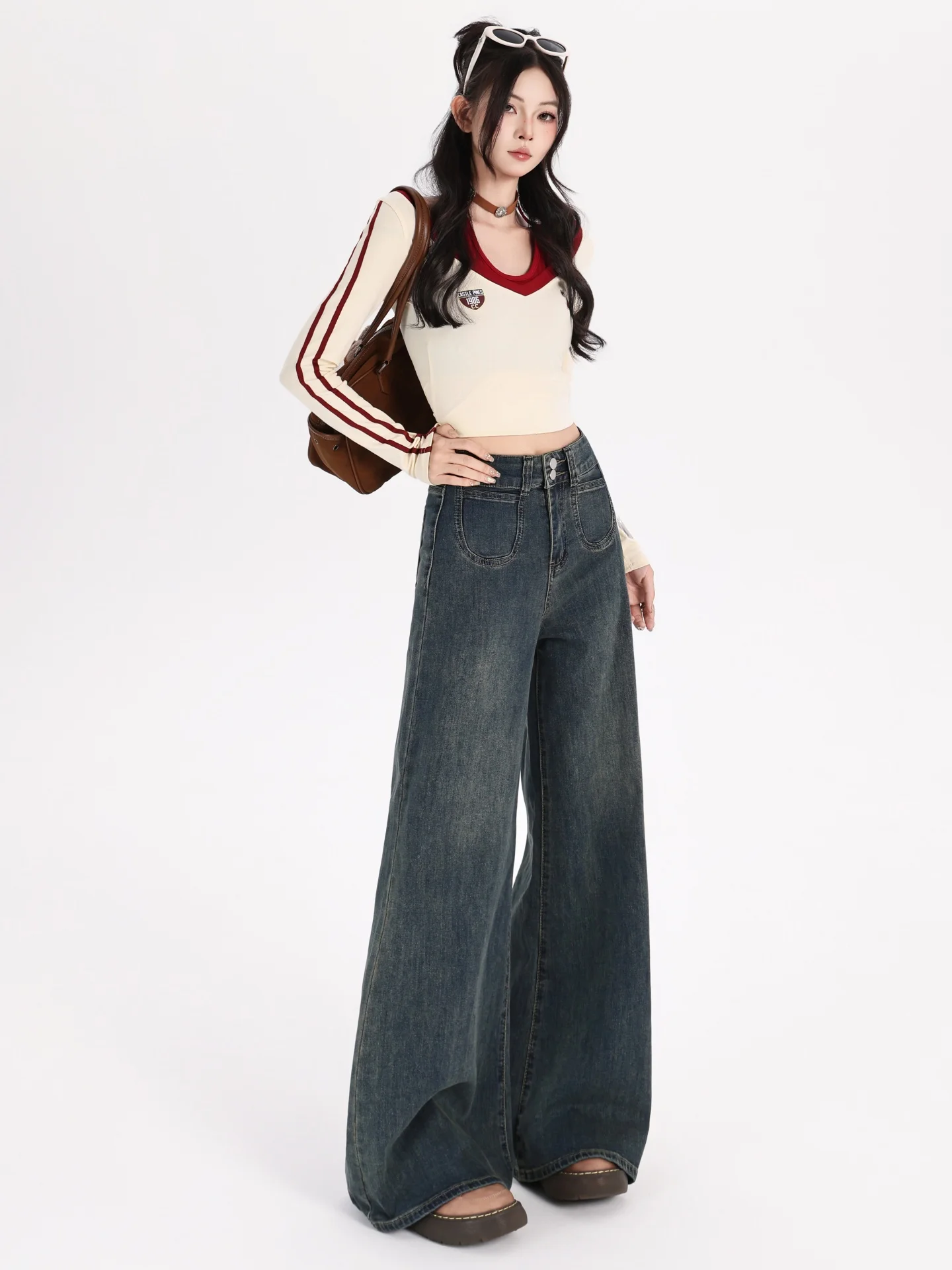 بنطلون جينز نسائي واسع الساق بخصر مرتفع على الطراز الرجعي، موديل جديد للخريف والشتاء، مبطن بالصوف، مقاس كبير، فضفاض ومستقيم و... #4