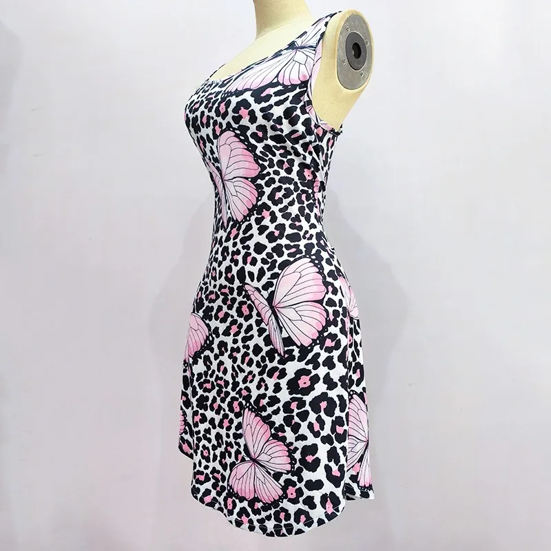 2025, neue Damen-Kleid in Übergröße, modisch, locker, lässig, breiter Schultergurt, Schmetterlingsdruck, U-Ausschnitt, ärmellos, kurzer Rock