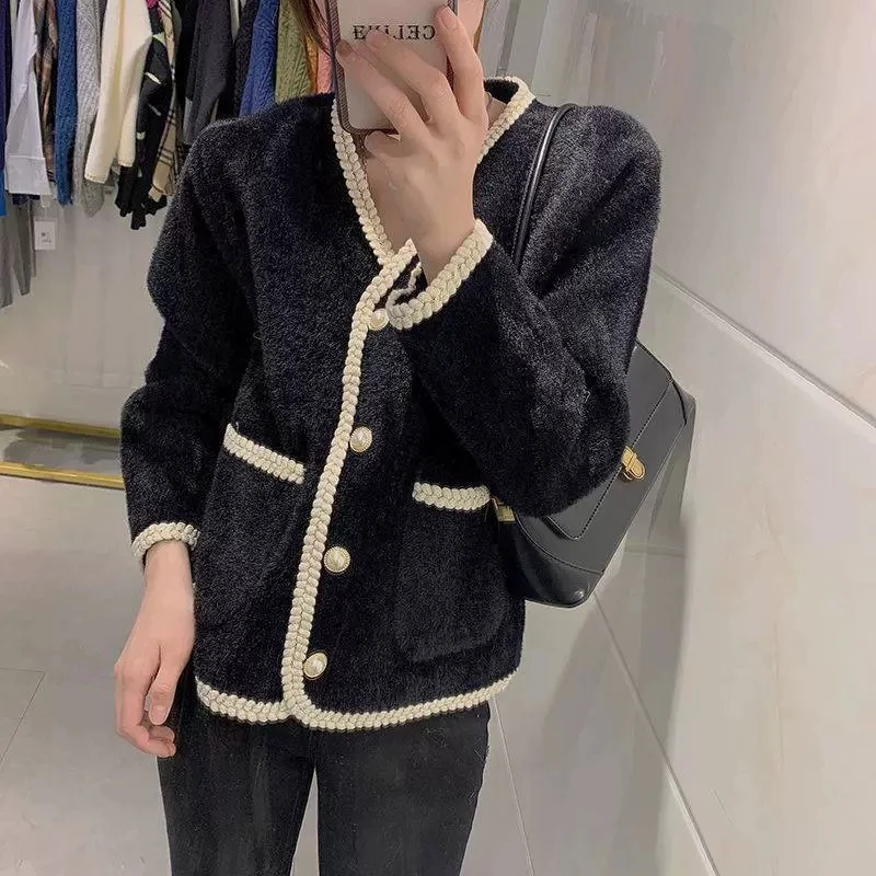

Temperament Faux Mink Cardigan Women Elegant Pearls Button Up Coats Woman 2025 Spring Autumn Fashion V-Neck Cardigan Female