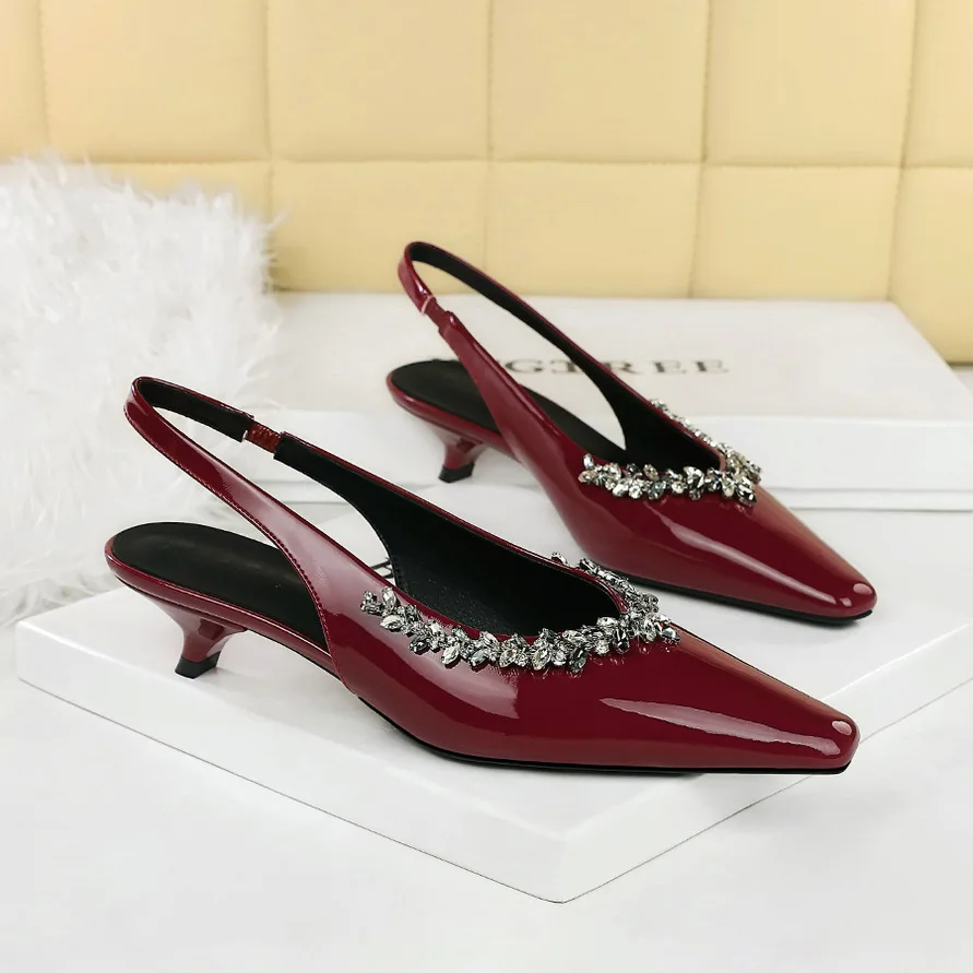 

BIGTREE Rhinestone High Heels Slingback Patent Leather Pointed toe 2025 Women Pumps 3cm Low-Heeled Casual Sandal Lady Nude White