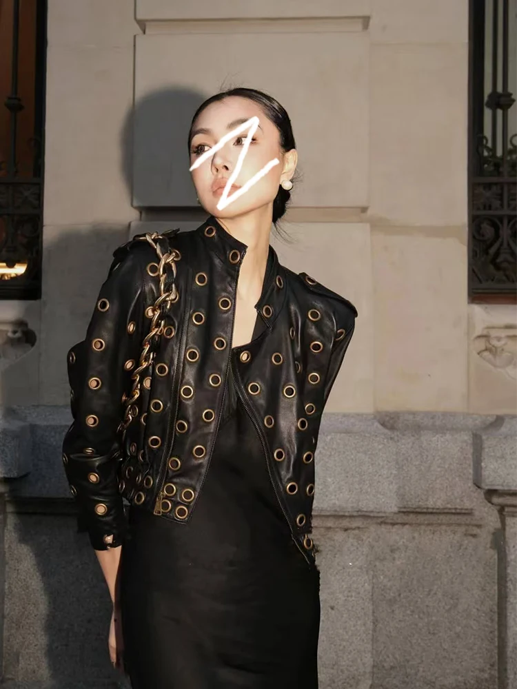 

Hollow out Motorcycle Leather Jaet Women's Faionable Versatile Top for Autumn Winter Straight Cut ort Sle