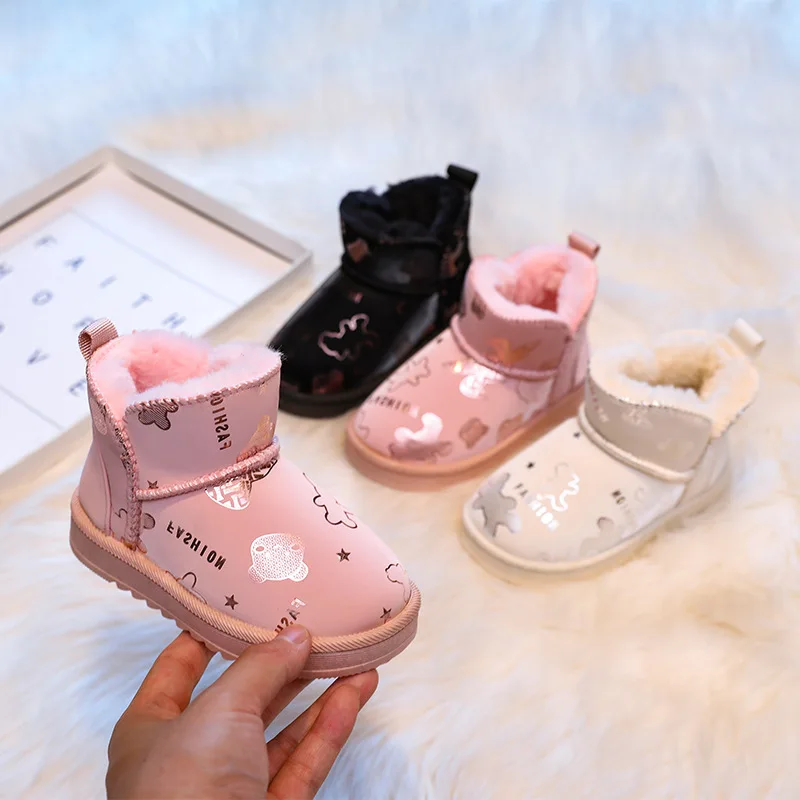 Fashion Girls' Boots Winter Thickn Warm Children Cotton Shoes Plush Cute Print Pink Kids Snow Boots Soft Sole Non-slip Sneakers