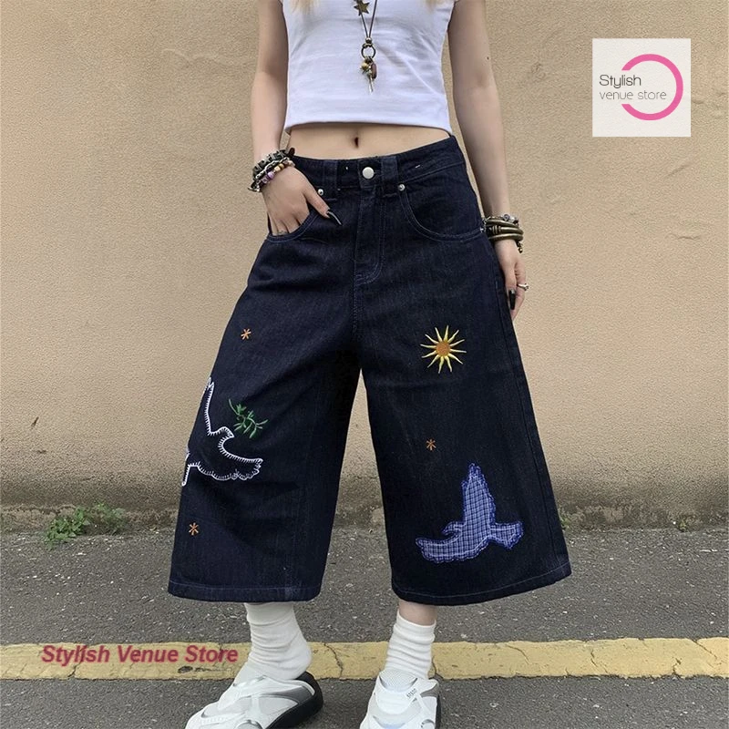 American Joker Fun Embroidery Design Jeans cropped pants female American high street fashion loose casual wide-leg shorts