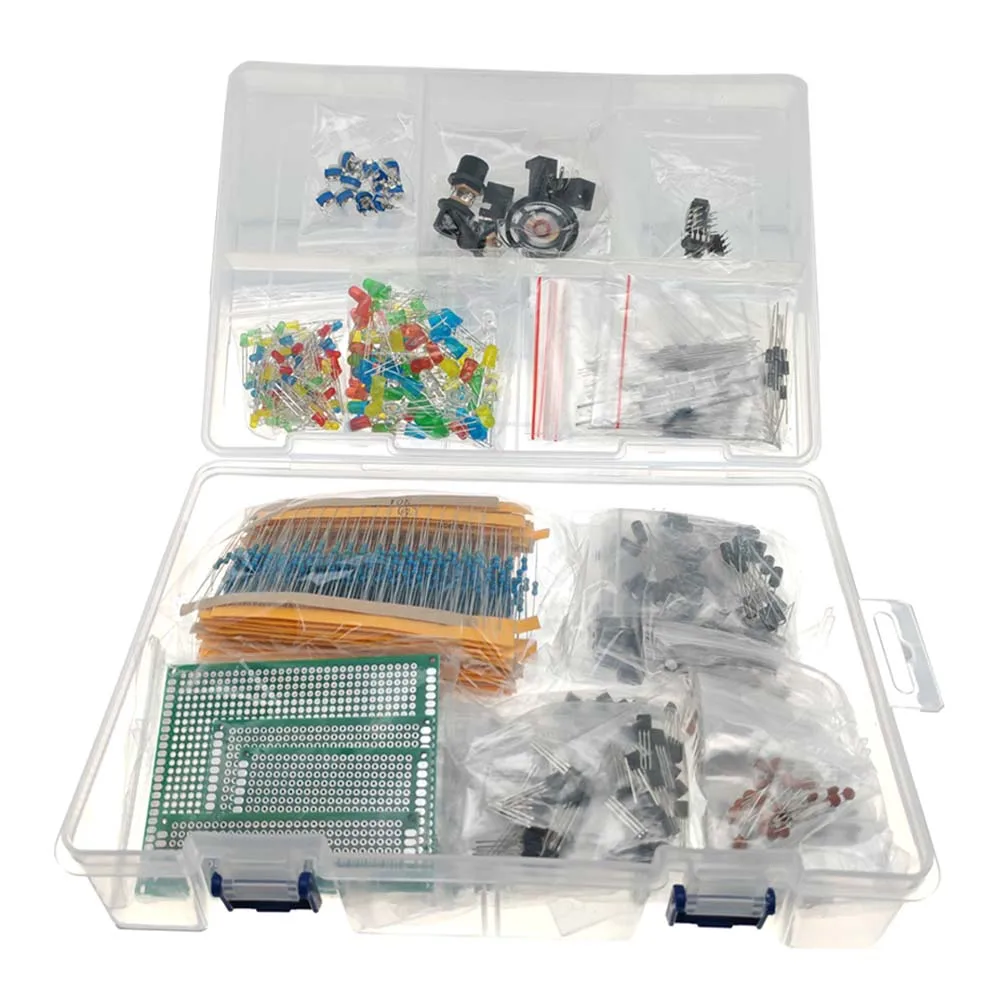 1900pcs Mega Electronic Component Kit Assortment Capacitors Resistors LED Transistors Diodes 1n270 Germanium DC Jacks Opamp PCB